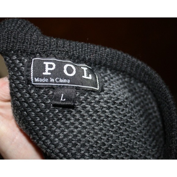 Pol Chevron Cardigan Sweater Fringe Trim Open Front Black/Gray Shawl Topper Sz L - Picture 7 of 7